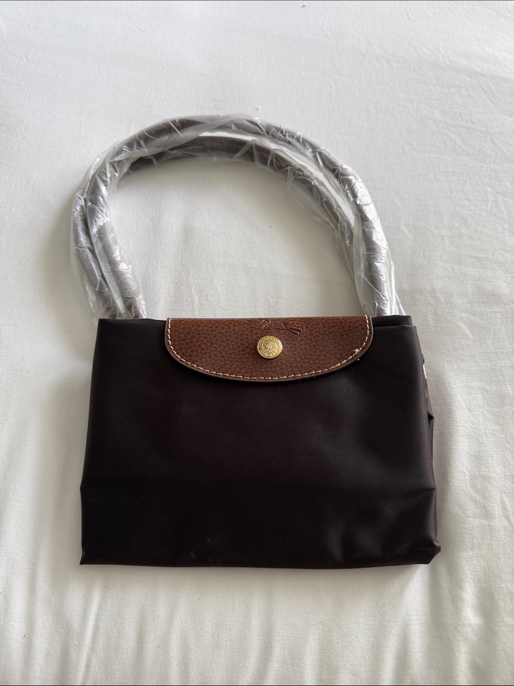 Longchamp Brown Nylon Le Pliage Small Tote with Brown Leather Flap